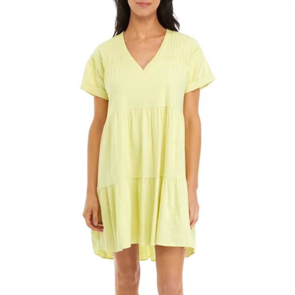 Cupio Short Sleeve Tiered Dress Yellow Cuff Sleeve V Neck Linen Blend